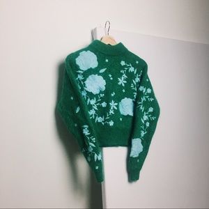 Vintage Green and Blue Floral Embroidery Sweater